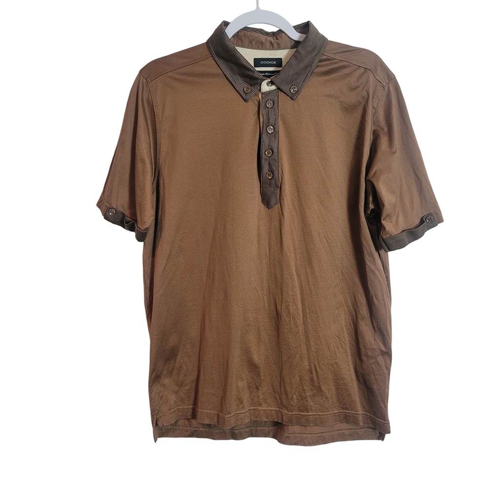 Codice Mens Brown Double Mercerized Cotton Polo Shirt Striped Trim Medium Preppy